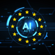 European Union AI Act hologram concept with glowing digital circuit background and EU stars around futuristic interface globe symbolizing regulation. 3D Rendering