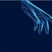 Netz Hände die sich berühren auf dunkelblau Leuchtende Netzhände die sich berühren auf dunkelblau