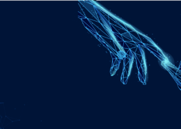 Leuchtende Netzhände die sich berühren auf dunkelblau