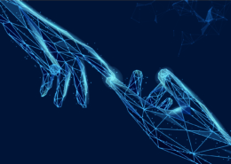 Leuchtende Netzhände die sich berühren auf dunkelblau