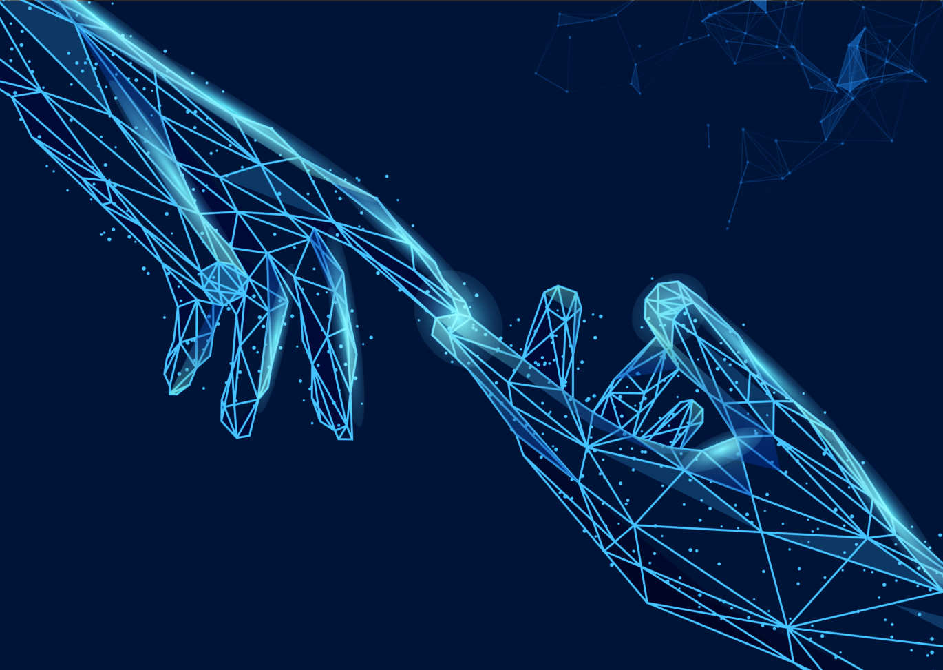 Leuchtende Netzhände die sich berühren auf dunkelblau