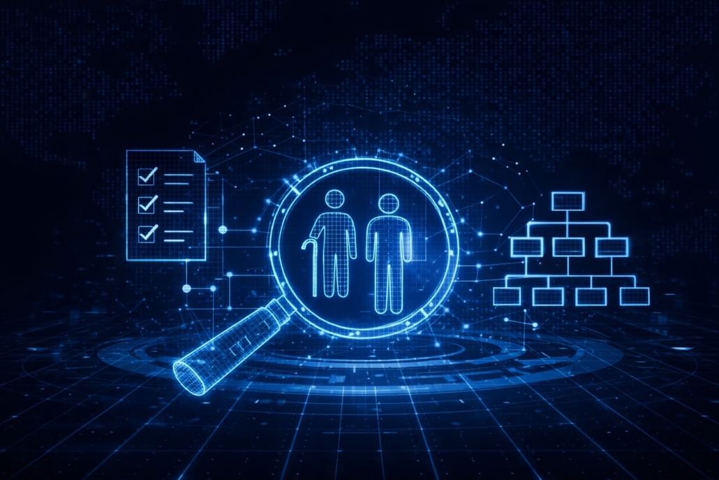 ZTM_Self-Check Grafik mit Checkliste, Lupe und Hierarchiebaum