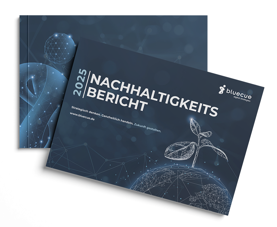 bluecue Nachhaltigkeitsbericht 2025 - Front- und Rückseite bluecue Nachhaltigkeitsbericht 2025 - offen
