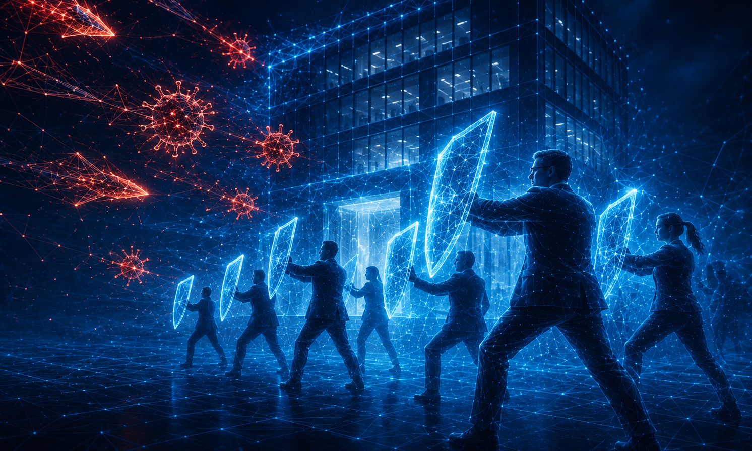 Menschen halten Schutzschilder gegen digitale Virenangriffe, die das Unternehmen angreifen