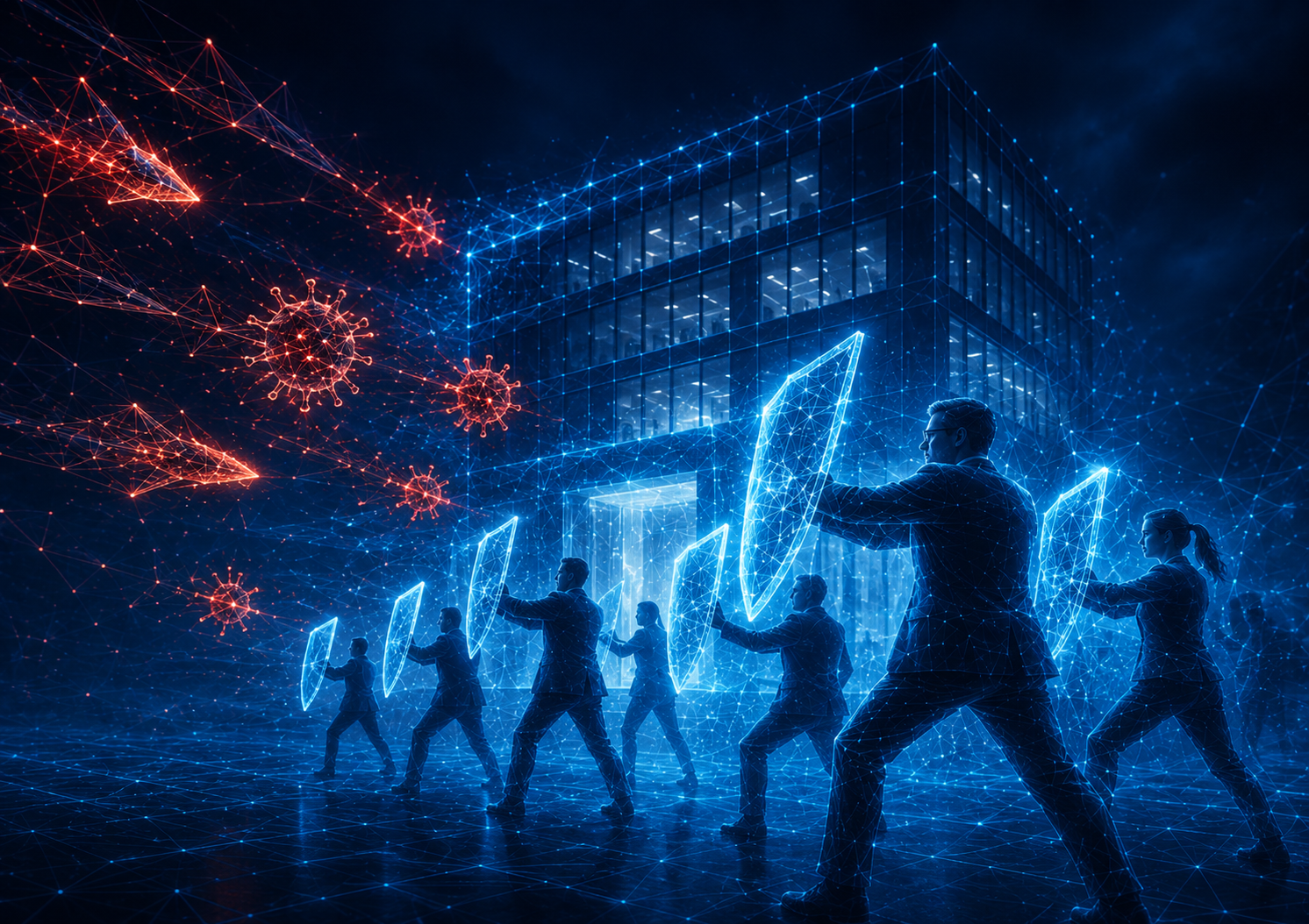 Menschen halten Schutzschilder gegen digitale Virenangriffe, die das Unternehmen angreifen