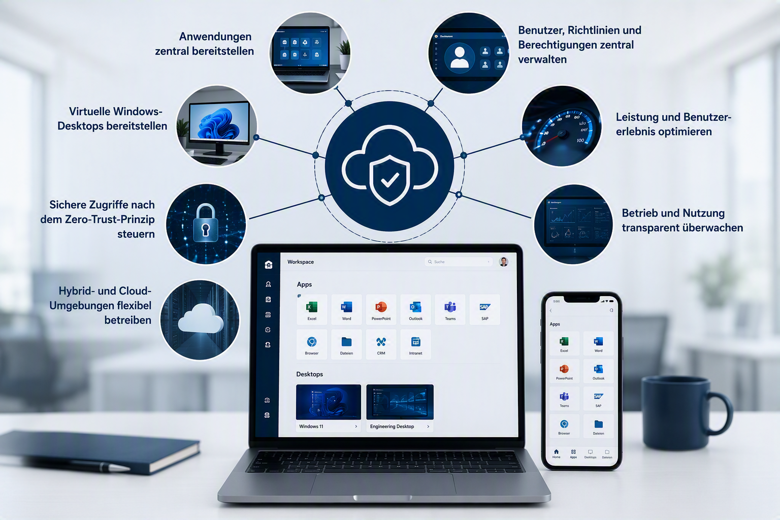 Citrix Modul zur Bereitstellung von Anwendungen powered by bluecue, KI-generiertes Bild Mann sitzt vor Bildschirm mit Salesforce Daten