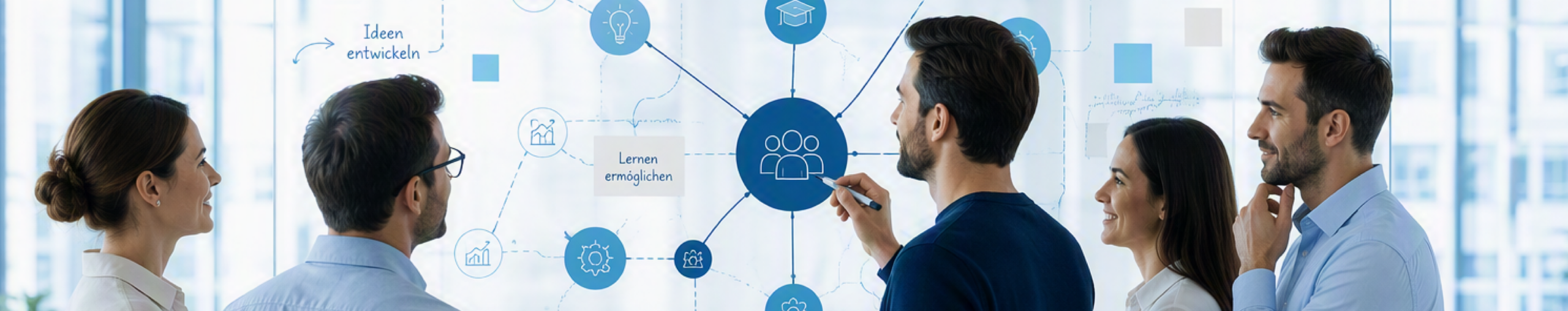 Fünf Menschen stehen um eine transparente Scheibe, auf der Zusammenhänge dargestellt sind