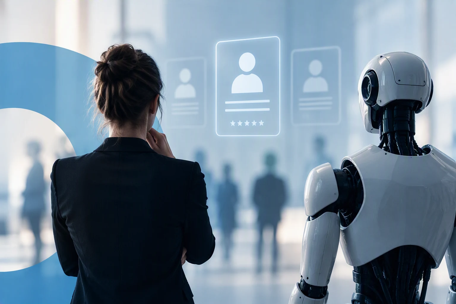 Mensch und KI betrachten digitale Mitarbeiterprofile als Symbol für Algorithmic Management und KI-gestützte Personalentscheidungen.