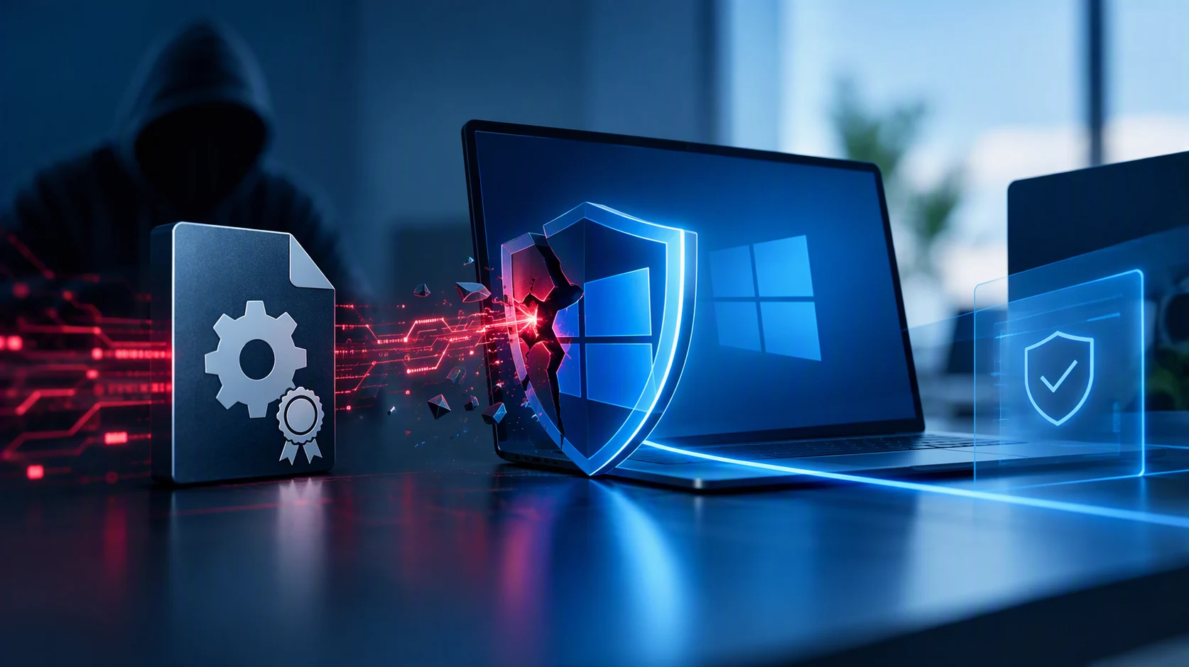 KI-Bild: Darstellung eines Cyberangriffs auf den Windows- und Endpoint-Schutz durch einen verwundbaren Treiber.