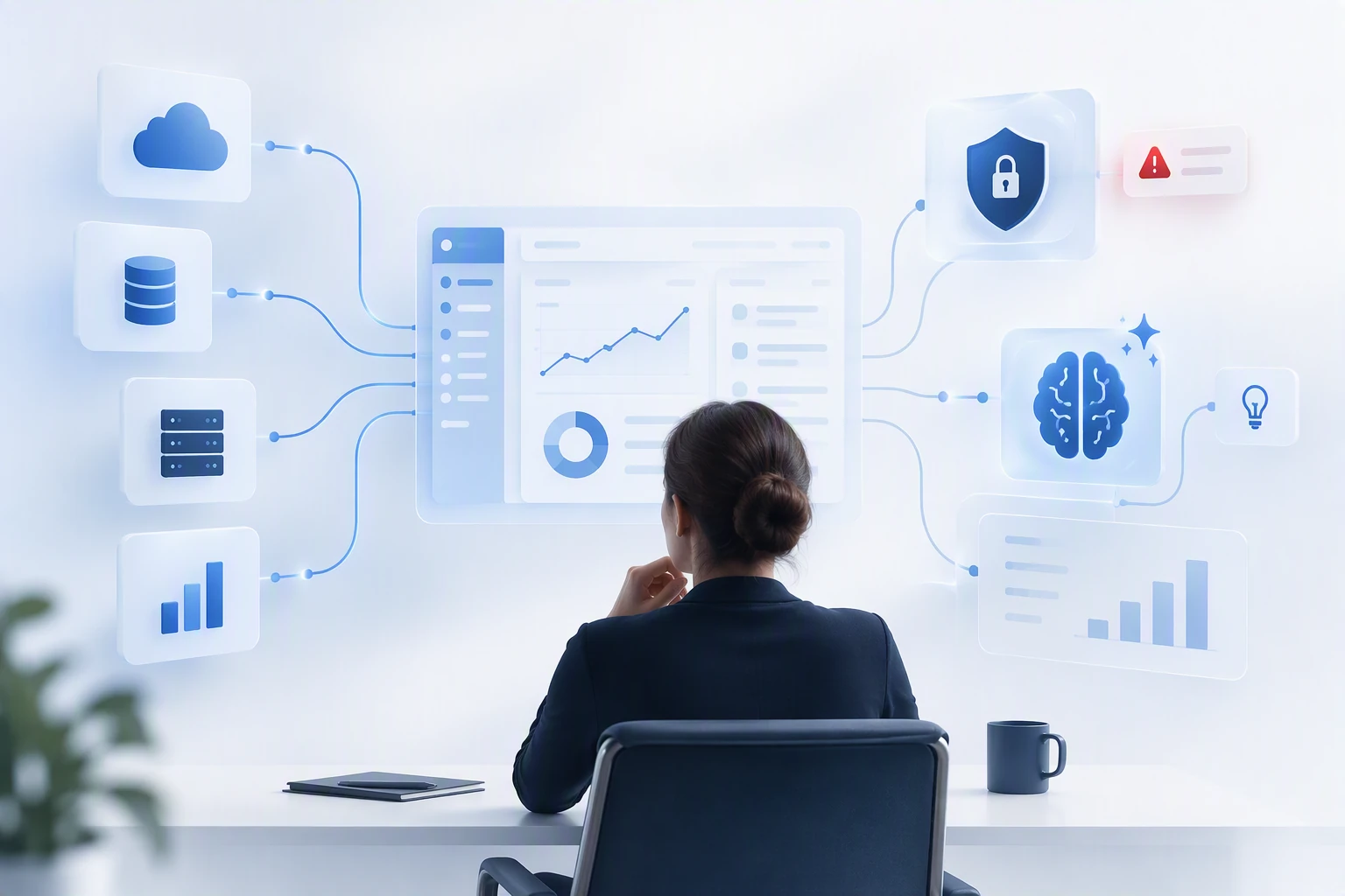 Mann sitzt vor Bildschirm mit Salesforce Daten
