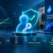 KI-Bild: Microsoft Entra ID Passkeys, passwortlose Authentifizierung und phishing-resistente MFA als zentrale Komponenten moderner Identity Security und Zero-Trust-Strategien in Microsoft 365.