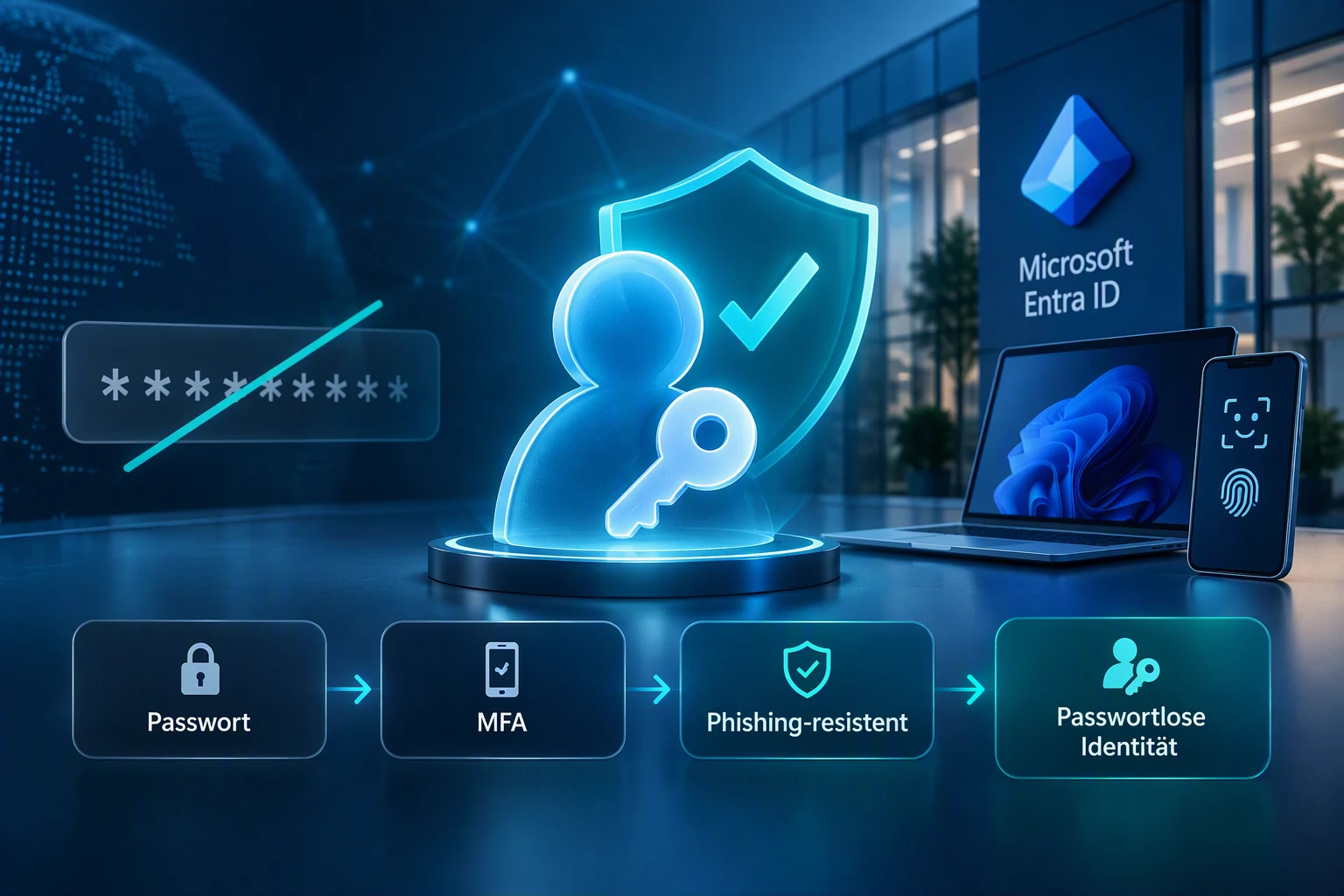 KI-Bild: Microsoft Entra ID Passkeys, passwortlose Authentifizierung und phishing-resistente MFA als zentrale Komponenten moderner Identity Security und Zero-Trust-Strategien in Microsoft 365.
